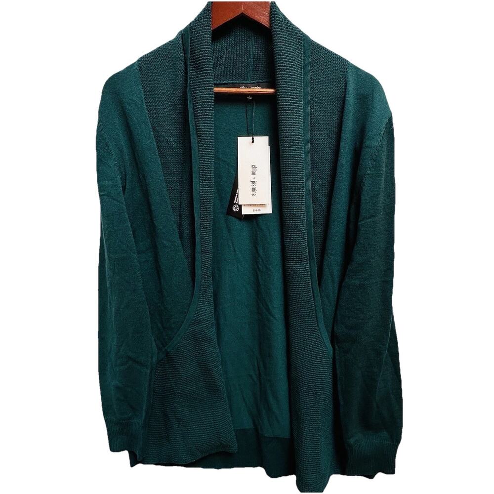 Chloe & Jasmine Women’s Cardigan Large Open Front Sweater Green Knit Cozy NWT